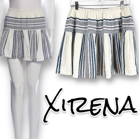 Xirena 100% Cotton White Blue Striped Mini Skirt Summer Festival Womens Size XS - Picture 1 of 10